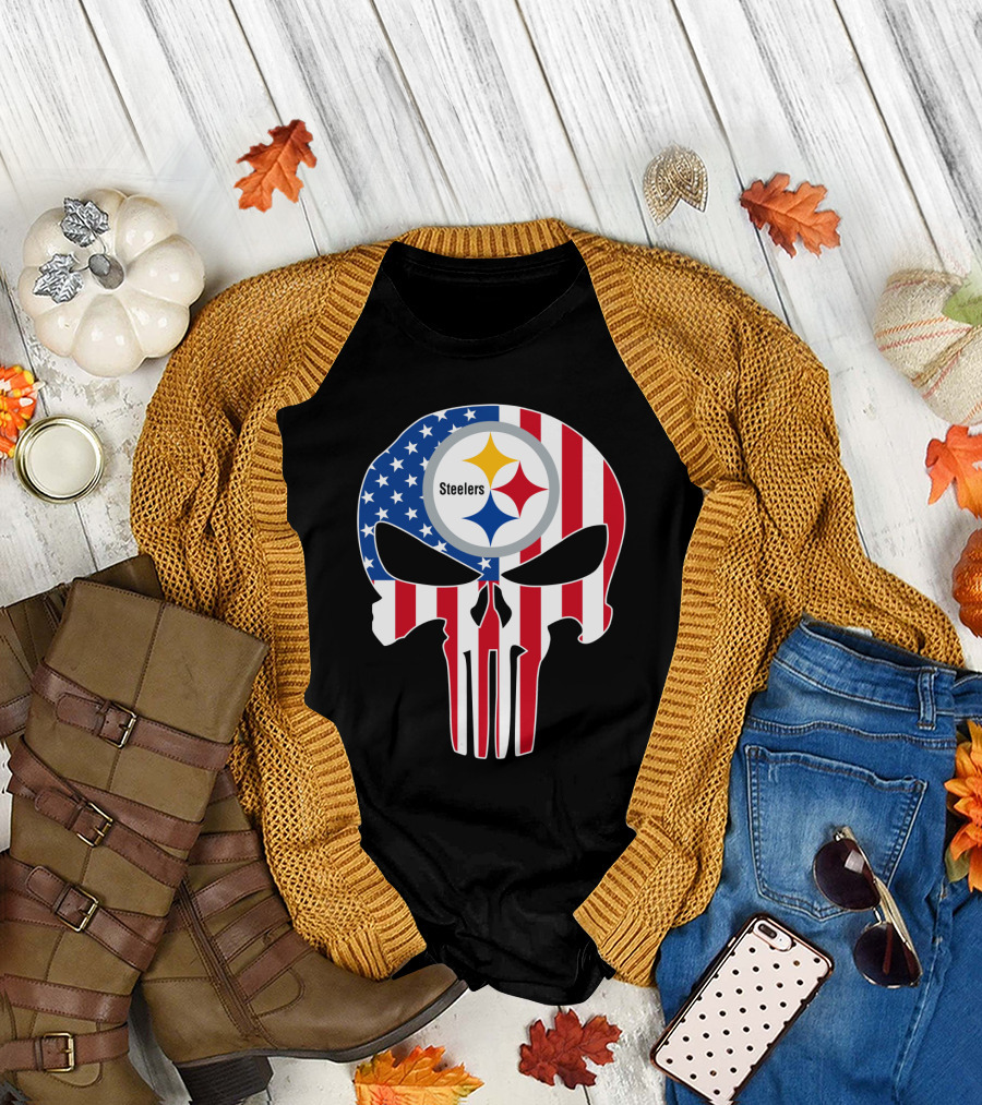 Steelers American Flag Skull T-Shirt