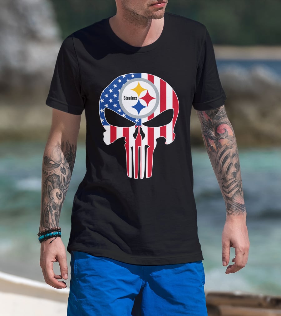 Steelers American Flag Skull T-Shirt