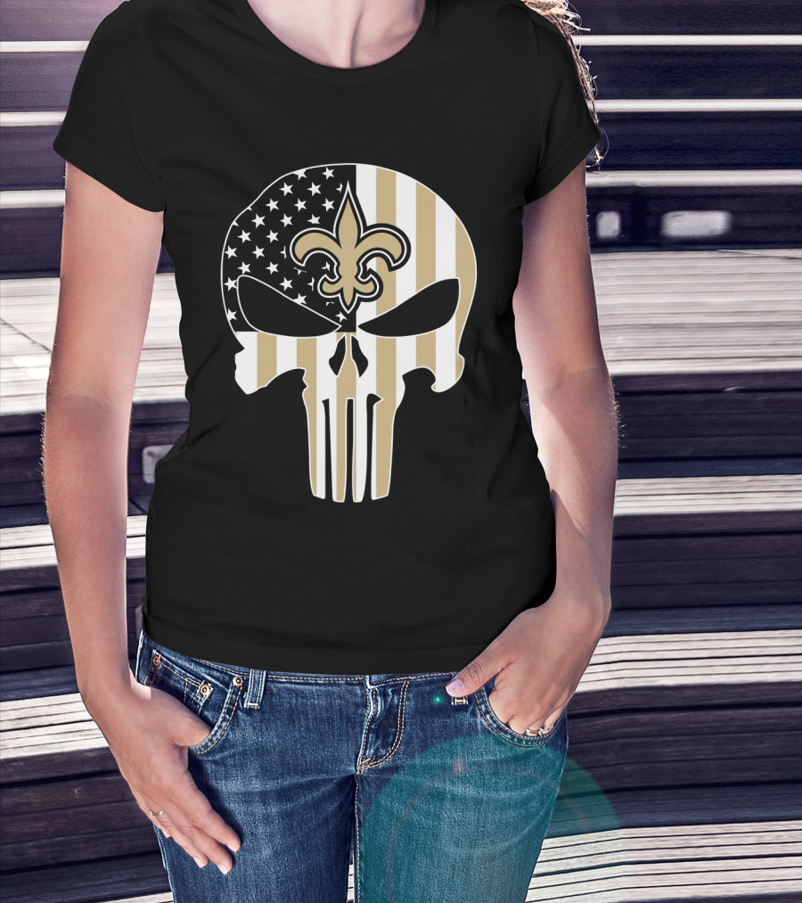 Saints Punisher Skull American Flag Fleur-De-Lis T-Shirt