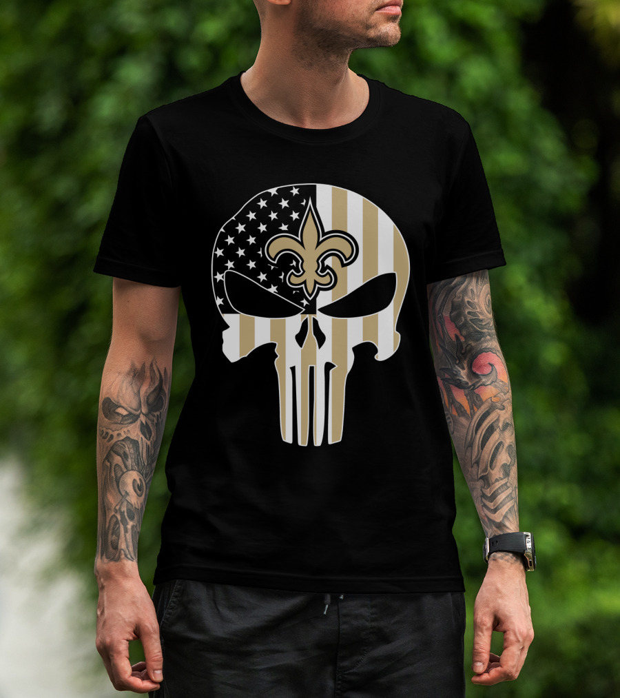 Saints Punisher Skull American Flag Fleur-De-Lis T-Shirt