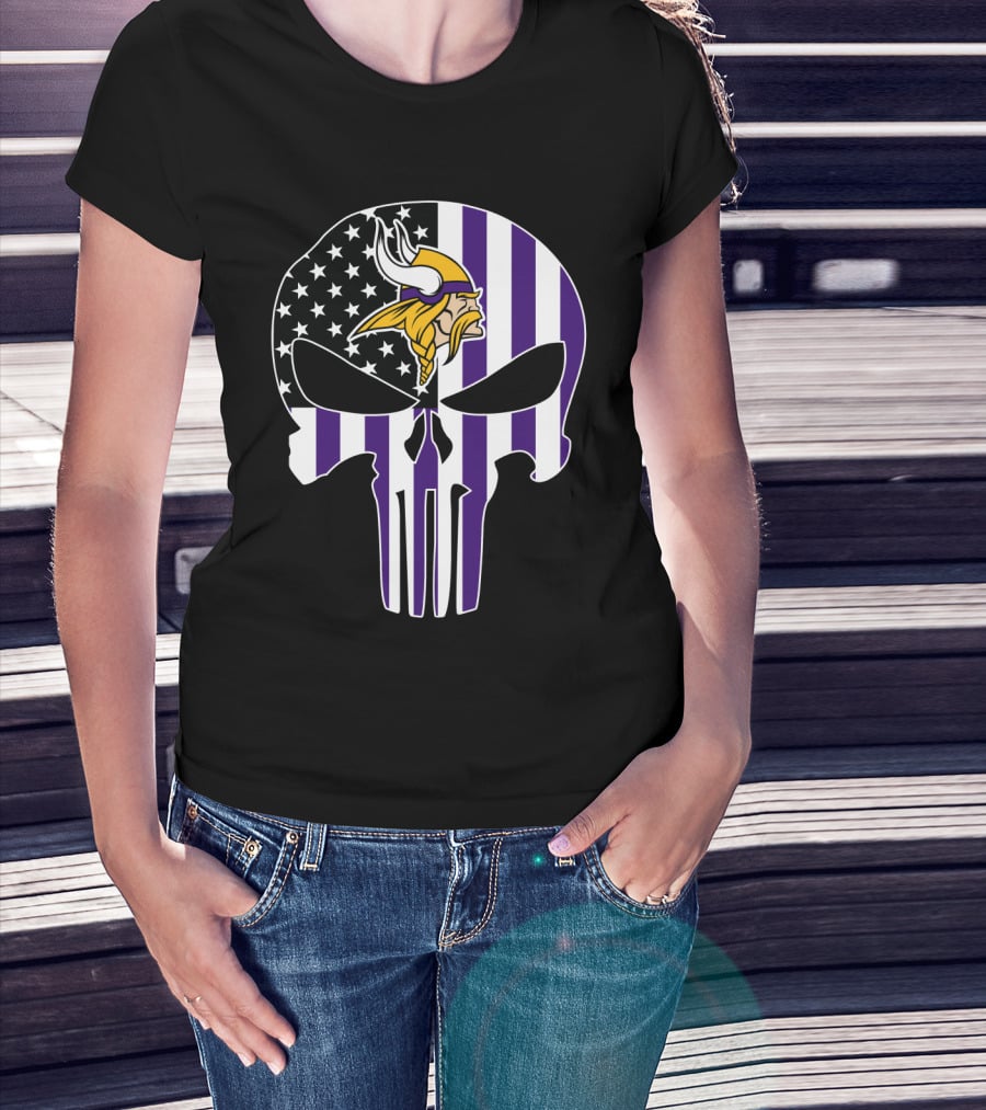 Minnesota Vikings Punisher American Flag Skull T-Shirt