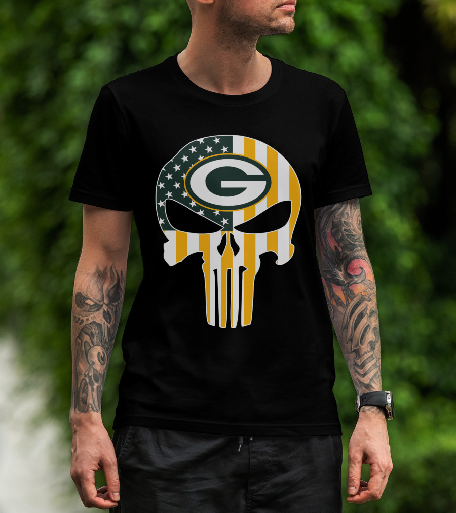Green Bay Packers Punisher Skull American Flag T-Shirt