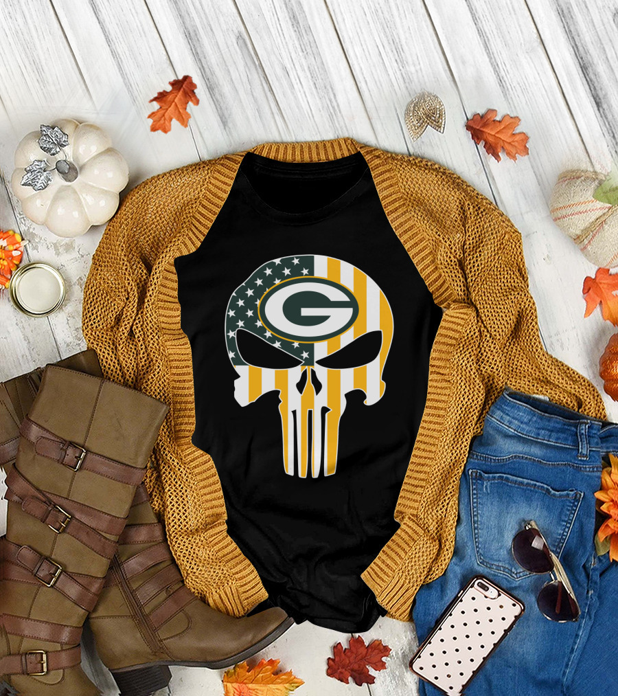 Green Bay Packers Punisher Skull American Flag T-Shirt