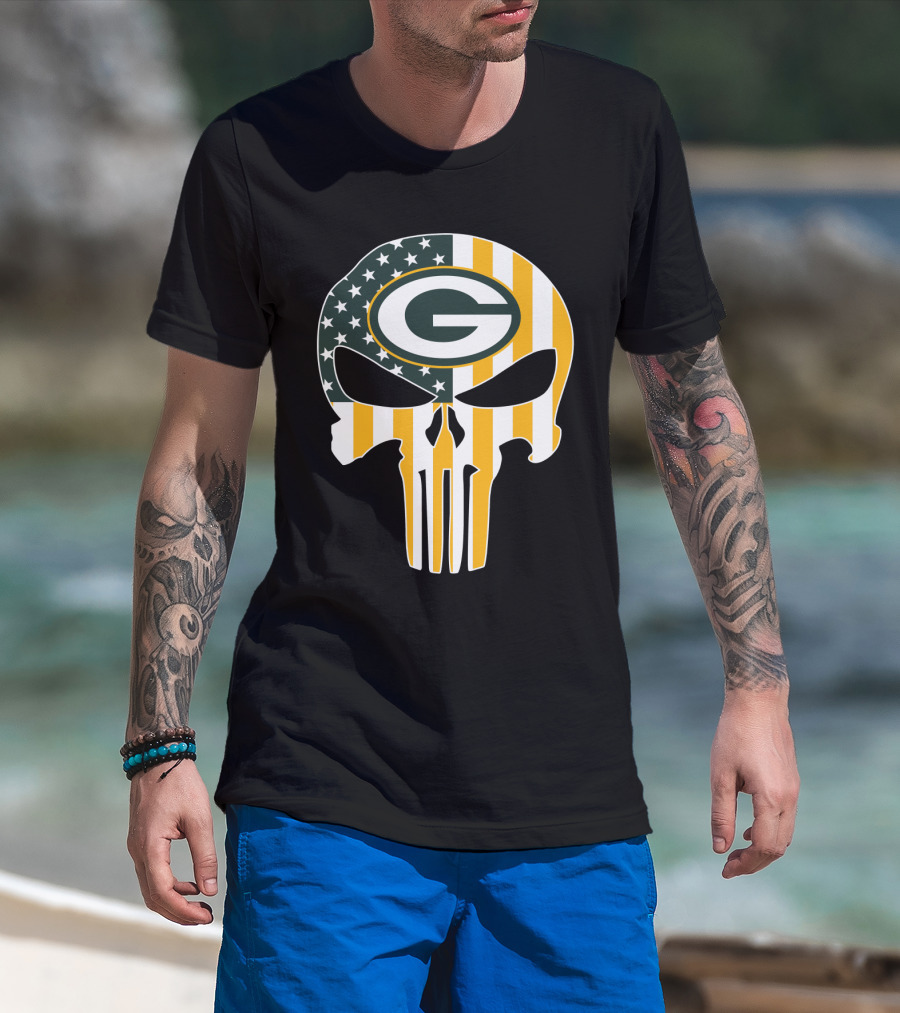 Green Bay Packers Punisher Skull American Flag T-Shirt