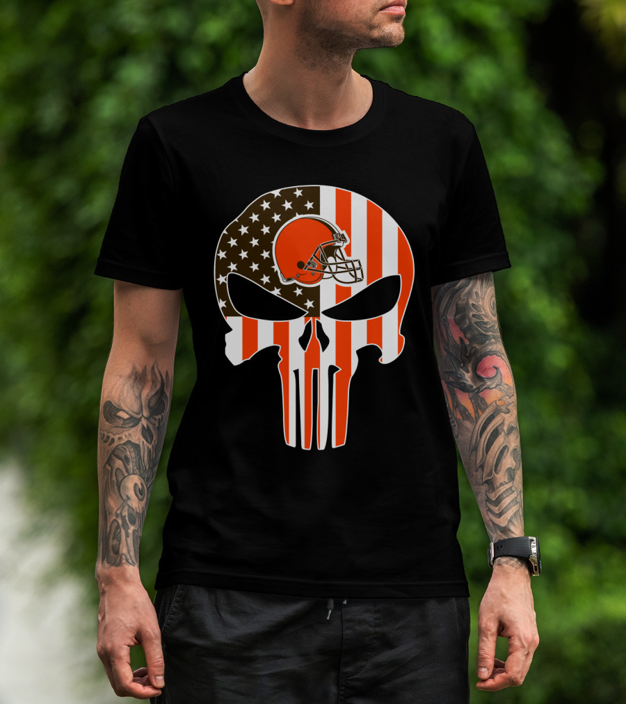 Cleveland Browns Skull American Flag Helmet T-Shirt