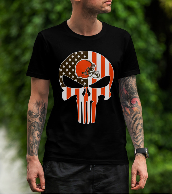 Cleveland Browns Skull American Flag Helmet T-Shirt
