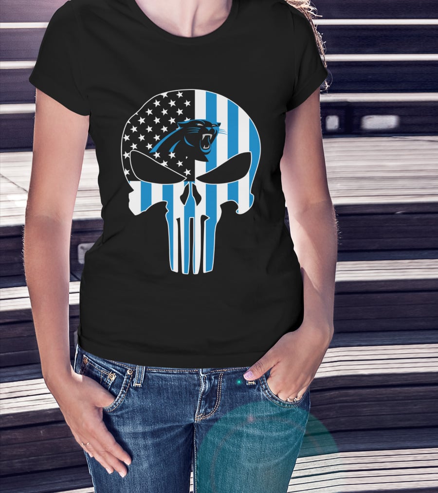 Carolina Panthers Punisher Skull American Flag T-Shirt