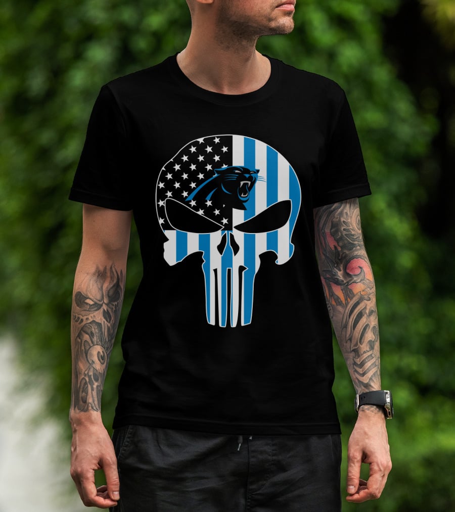 Carolina Panthers Punisher Skull American Flag T-Shirt