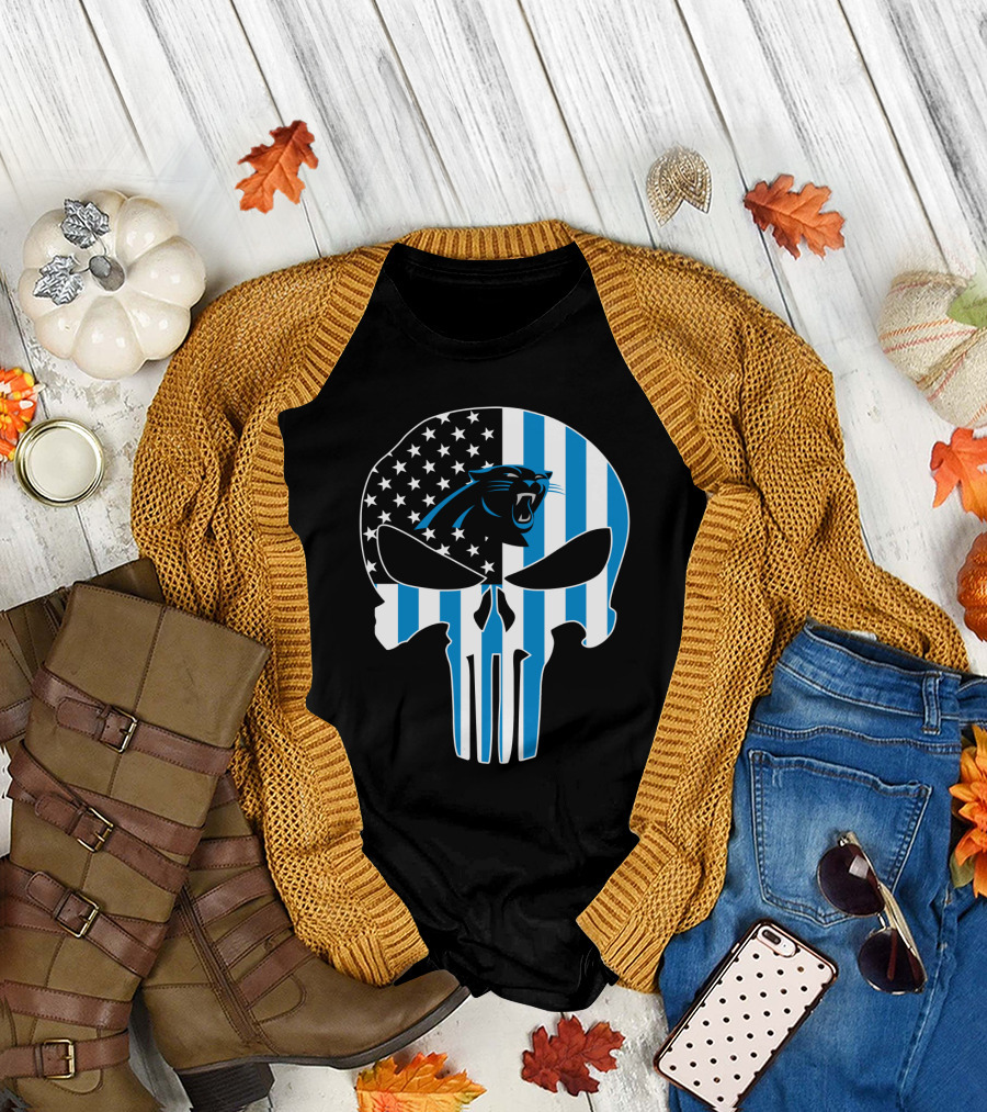 Carolina Panthers Punisher Skull American Flag T-Shirt