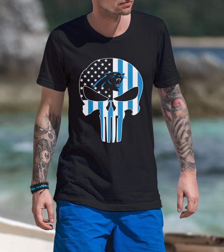 Carolina Panthers Punisher Skull American Flag T-Shirt