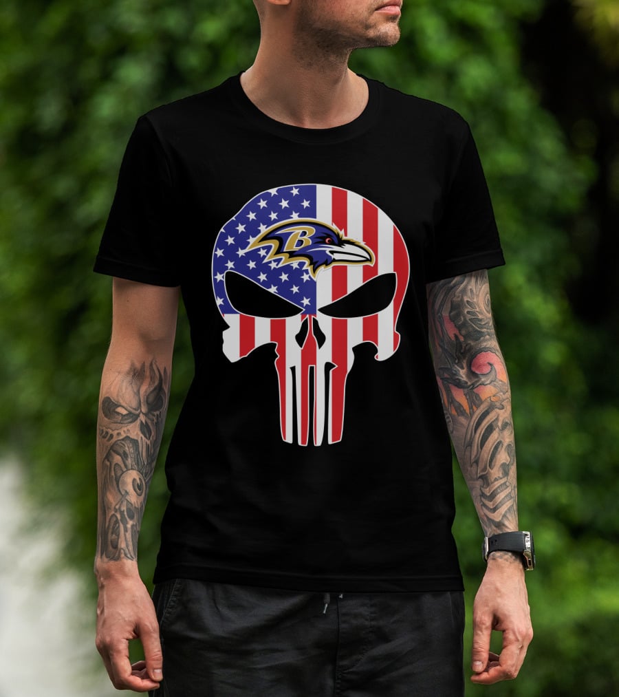 Ravens Skull American Flag Punisher Style T-Shirt