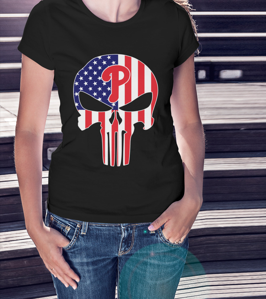 Phillies American Flag Punisher Style Skull T-Shirt