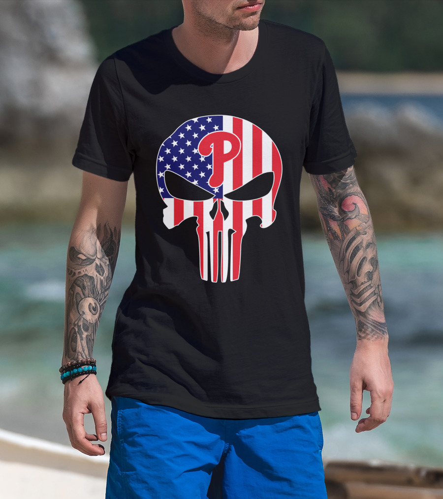 Phillies American Flag Punisher Style Skull T-Shirt
