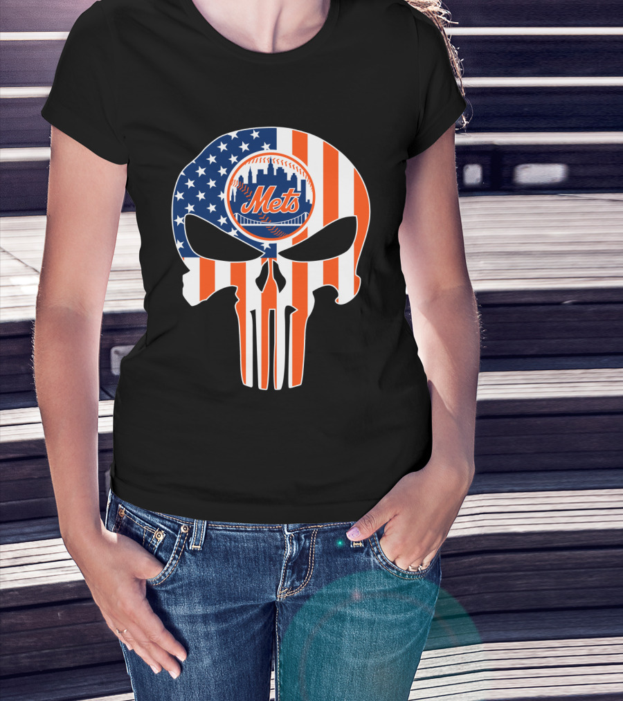 New York Mets American Flag Skull T-Shirt