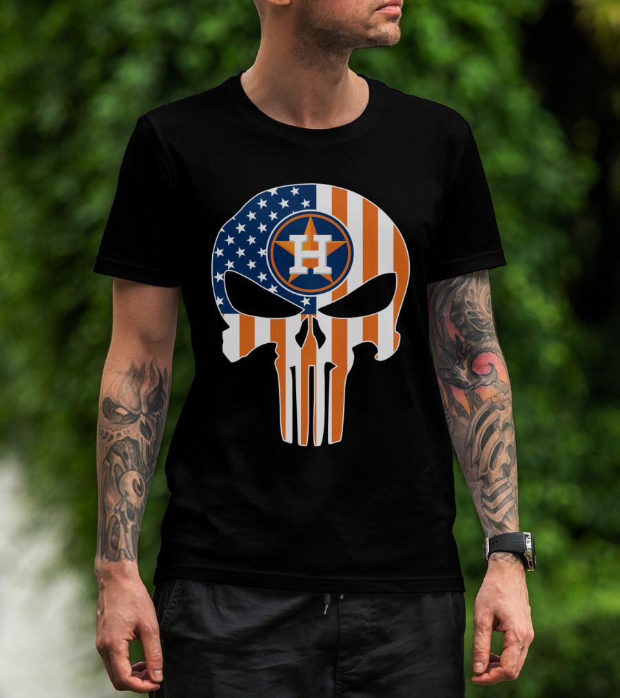 Houston Astros American Flag Skull Punisher Style T-Shirt