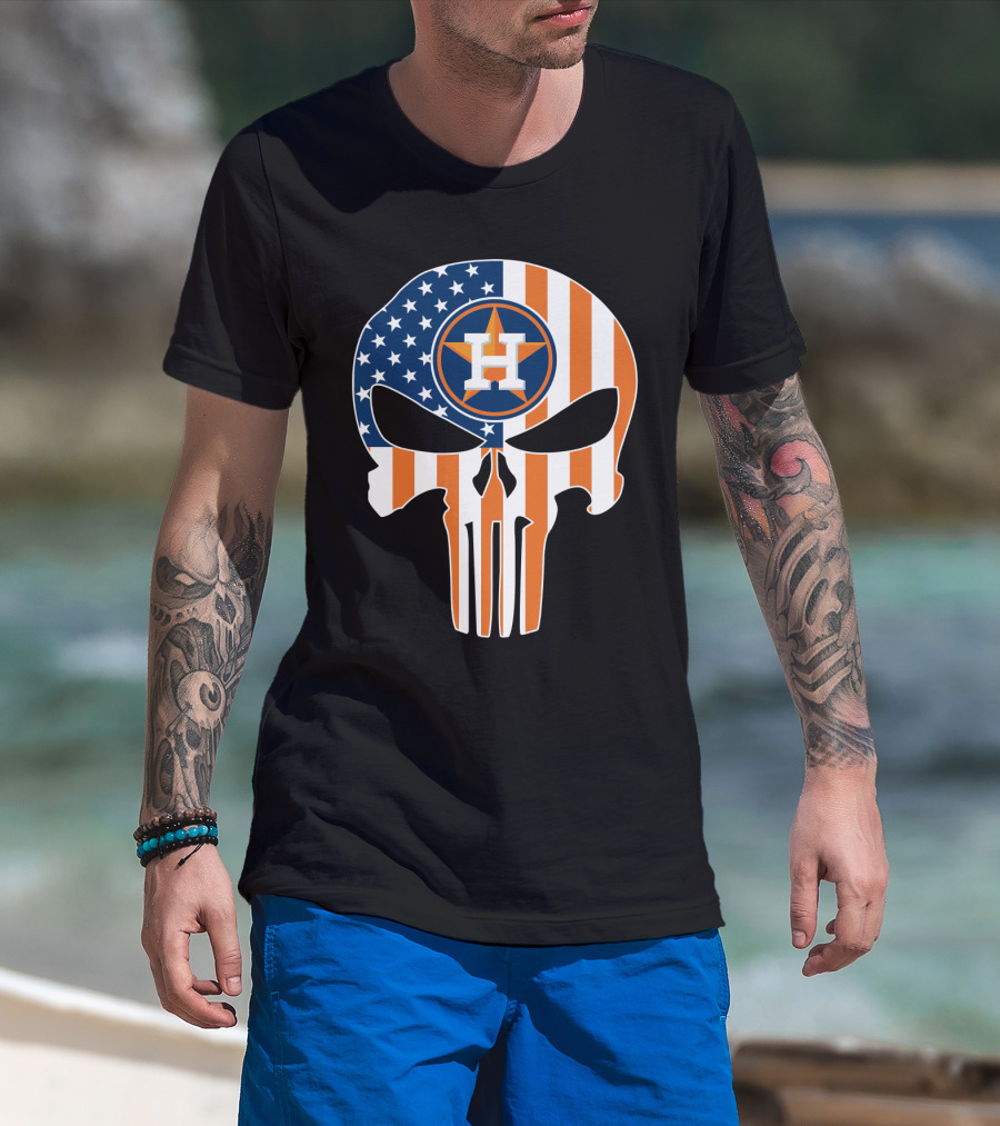 Houston Astros American Flag Skull Punisher Style T-Shirt