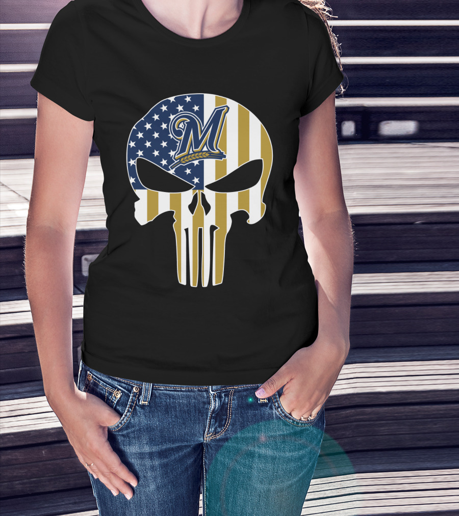 Milwaukee Brewers American Flag Skull T-Shirt