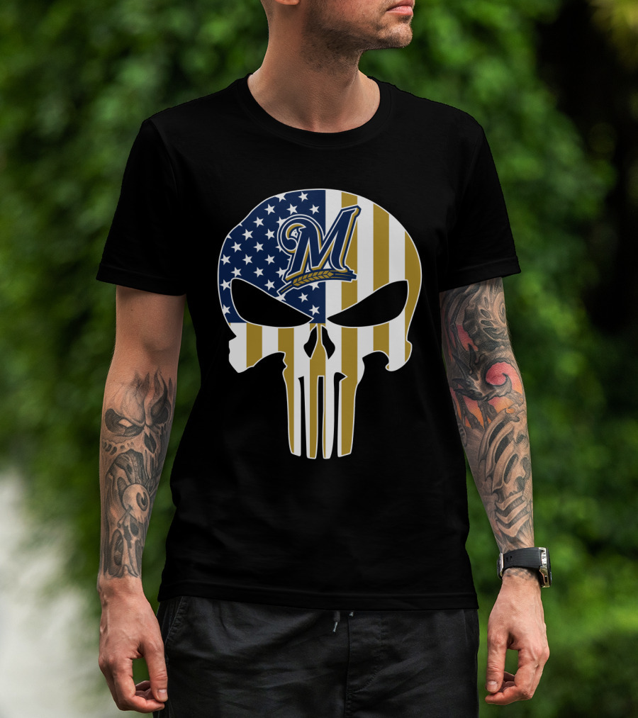 Milwaukee Brewers American Flag Skull T-Shirt