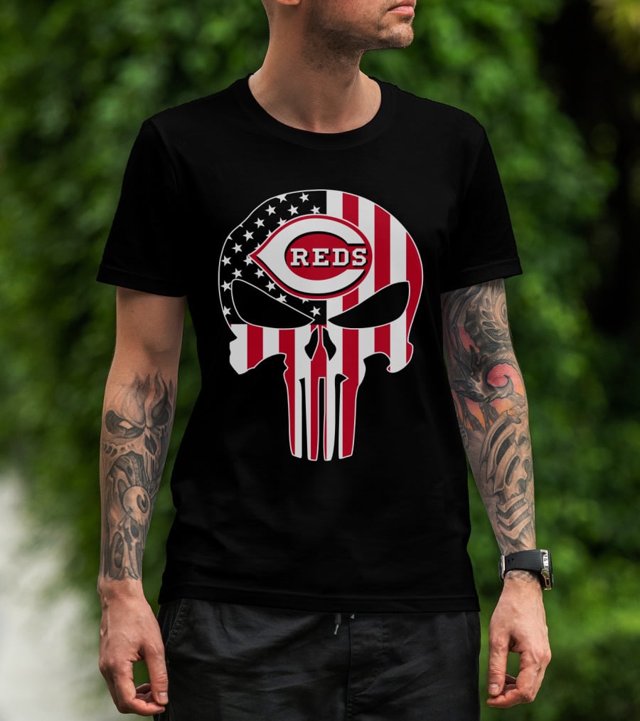 Cincinnati Reds American Flag Skull T-Shirt