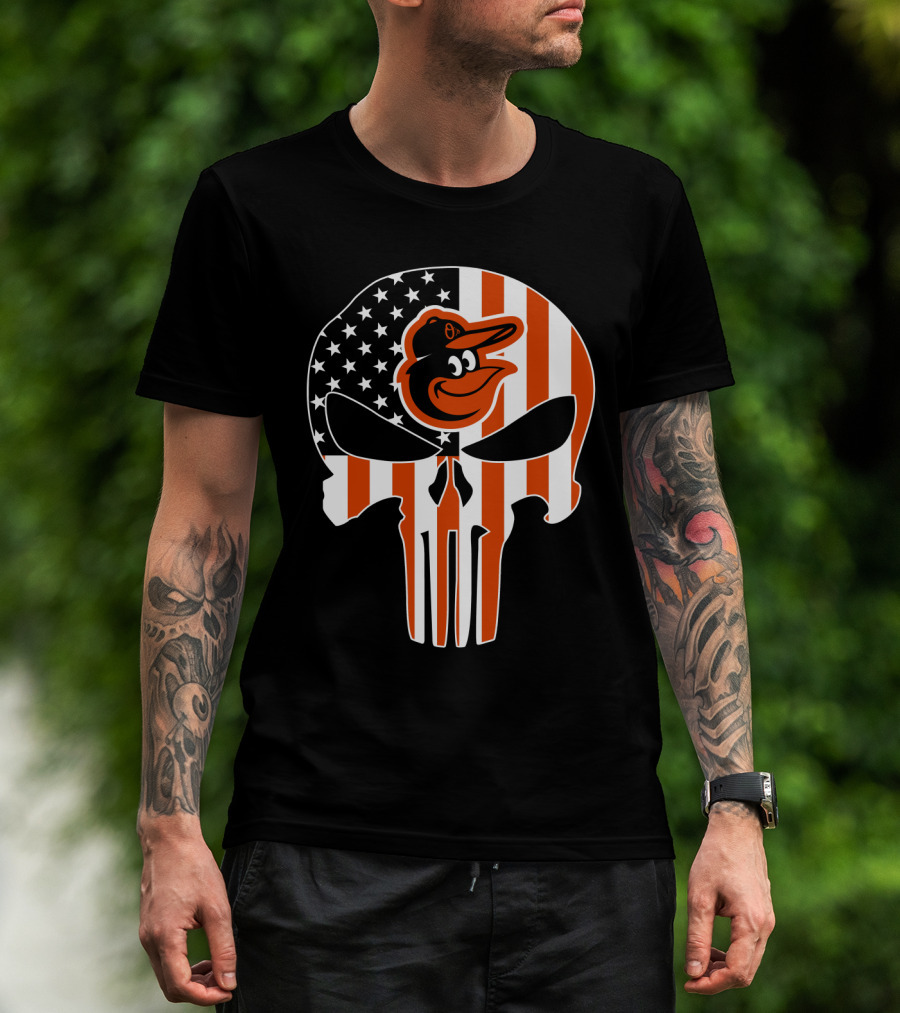 Baltimore Orioles Punisher Skull American Flag T-Shirt