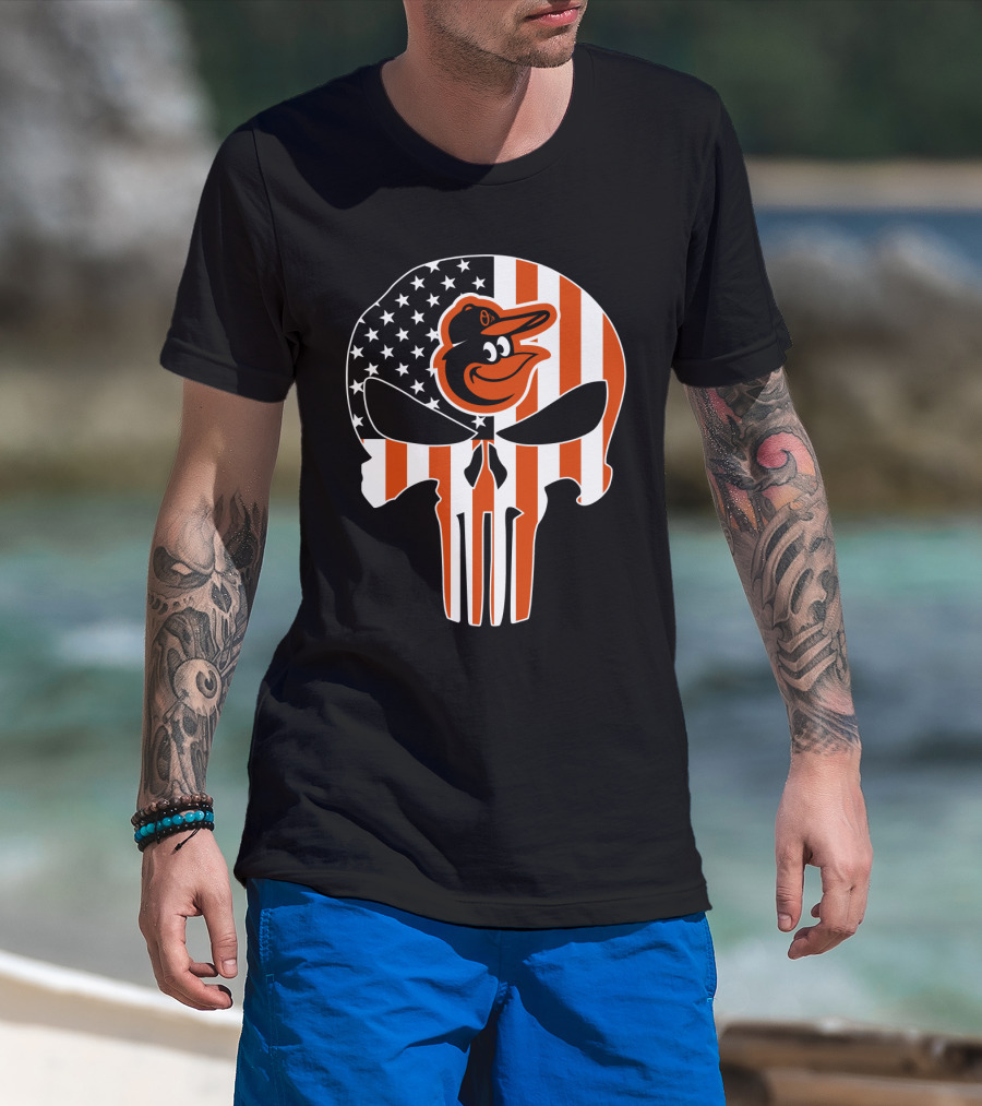 Baltimore Orioles Punisher Skull American Flag T-Shirt