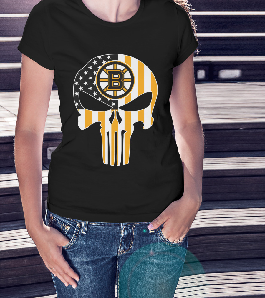 Boston Bruins Punisher Skull American Flag T-Shirt