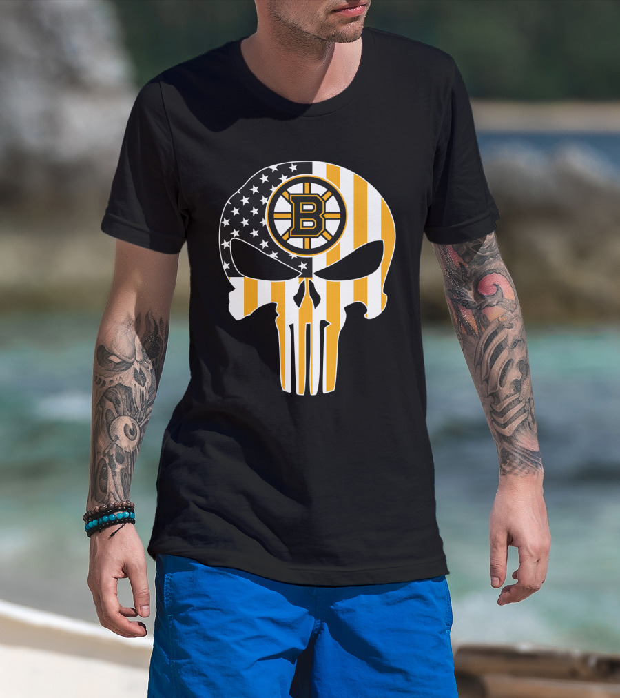 Boston Bruins Punisher Skull American Flag T-Shirt