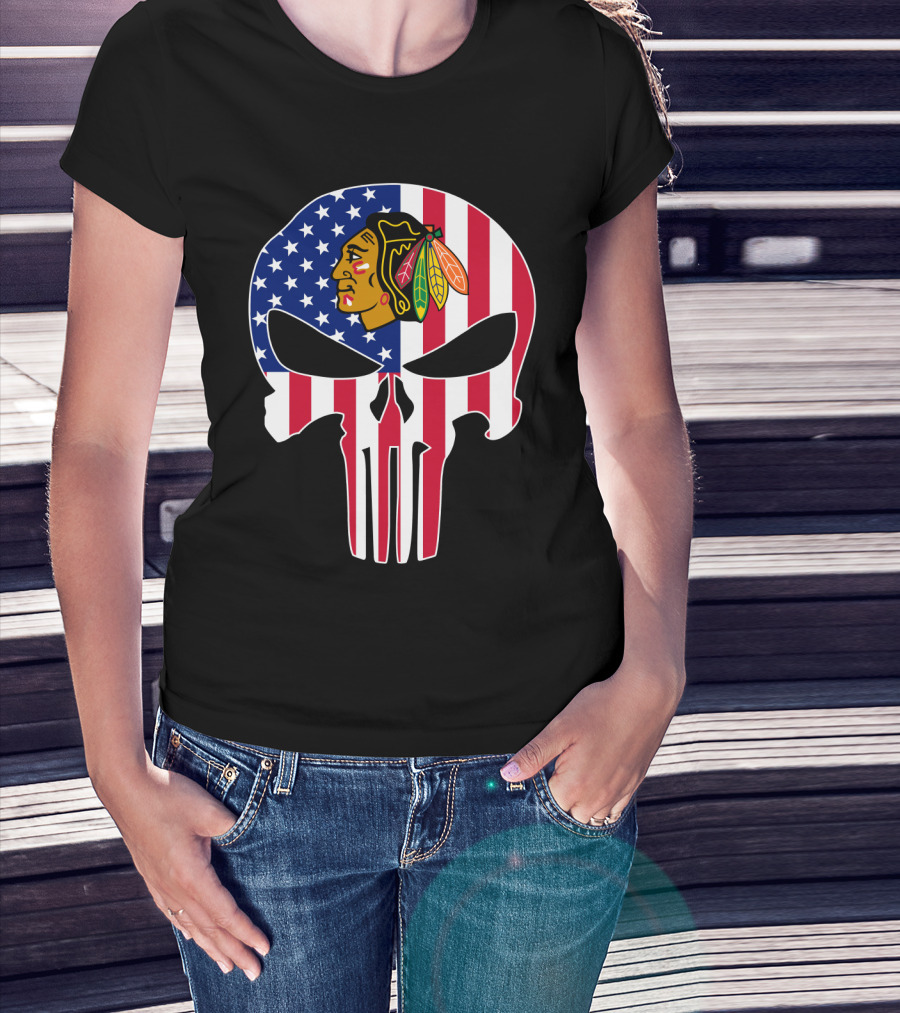 Chicago Blackhawks Punisher Skull American Flag T-Shirt