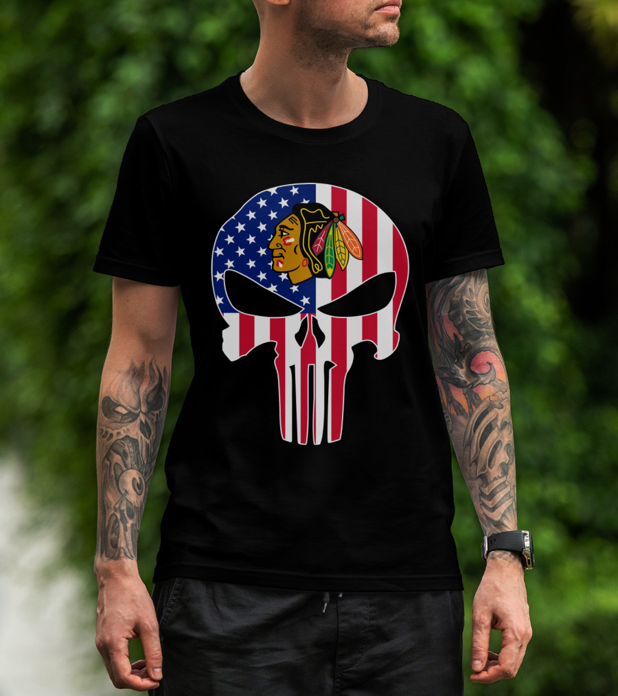 Chicago Blackhawks Punisher Skull American Flag T-Shirt