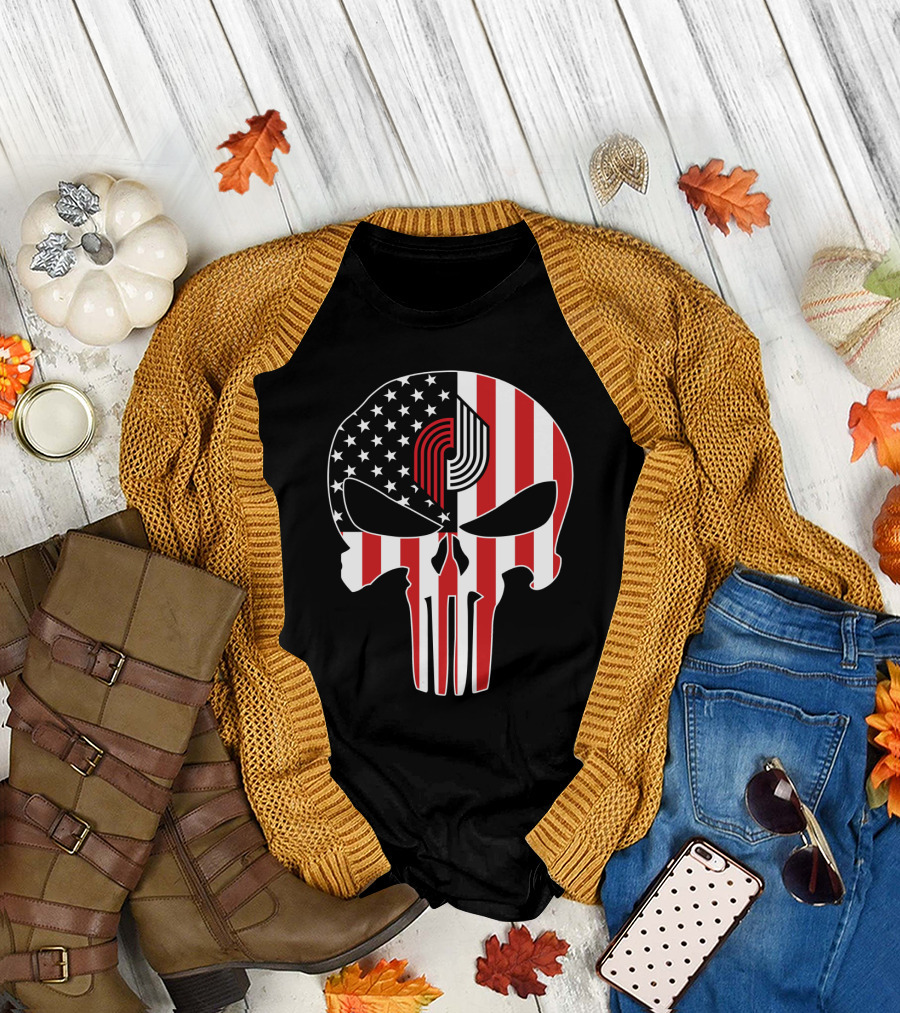 Portland Trail Blazers Punisher American Flag Skull T-Shirt