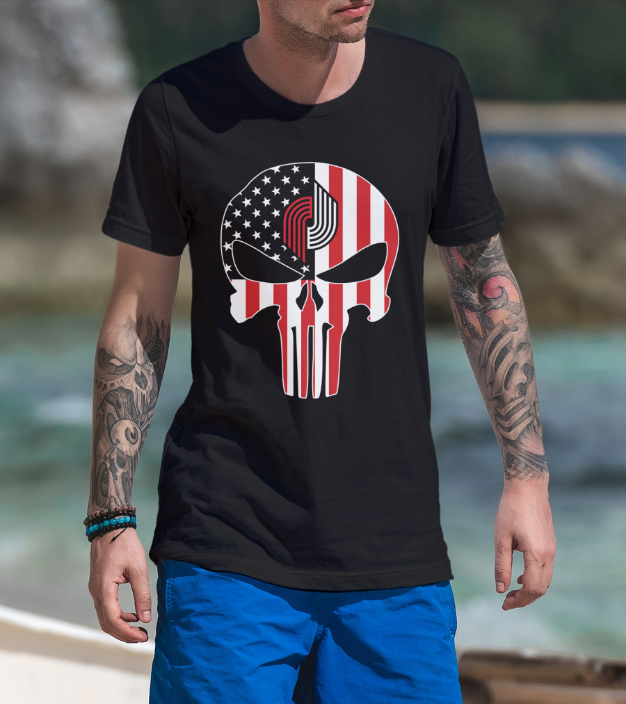 Portland Trail Blazers Punisher American Flag Skull T-Shirt