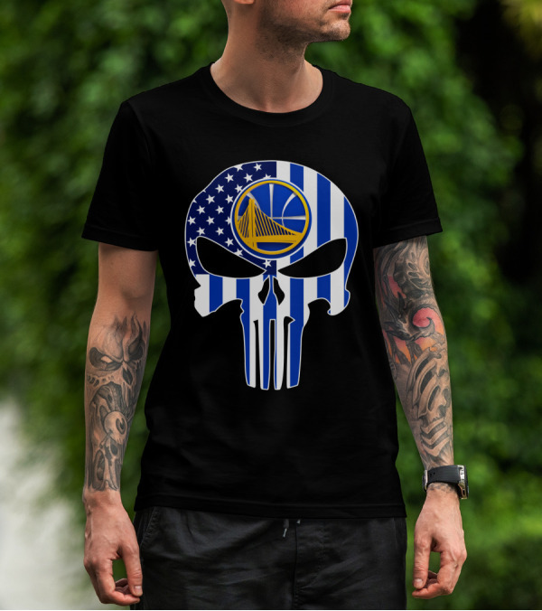 Golden State Warriors Skull Blue American Flag T-Shirt