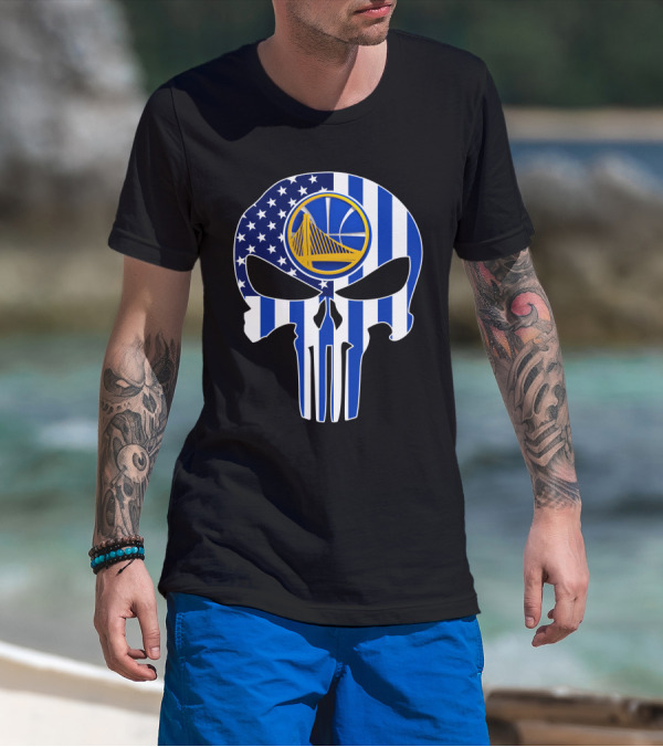 Golden State Warriors Skull Blue American Flag T-Shirt