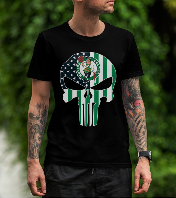 Boston Celtics American Flag Punisher Skull T-Shirt