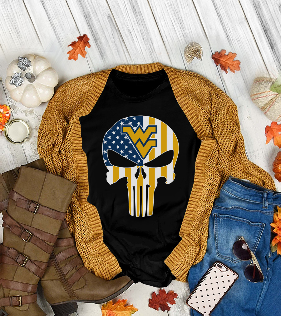 Wv American Flag Punisher Style West Virginia Mountaineers T-Shirt