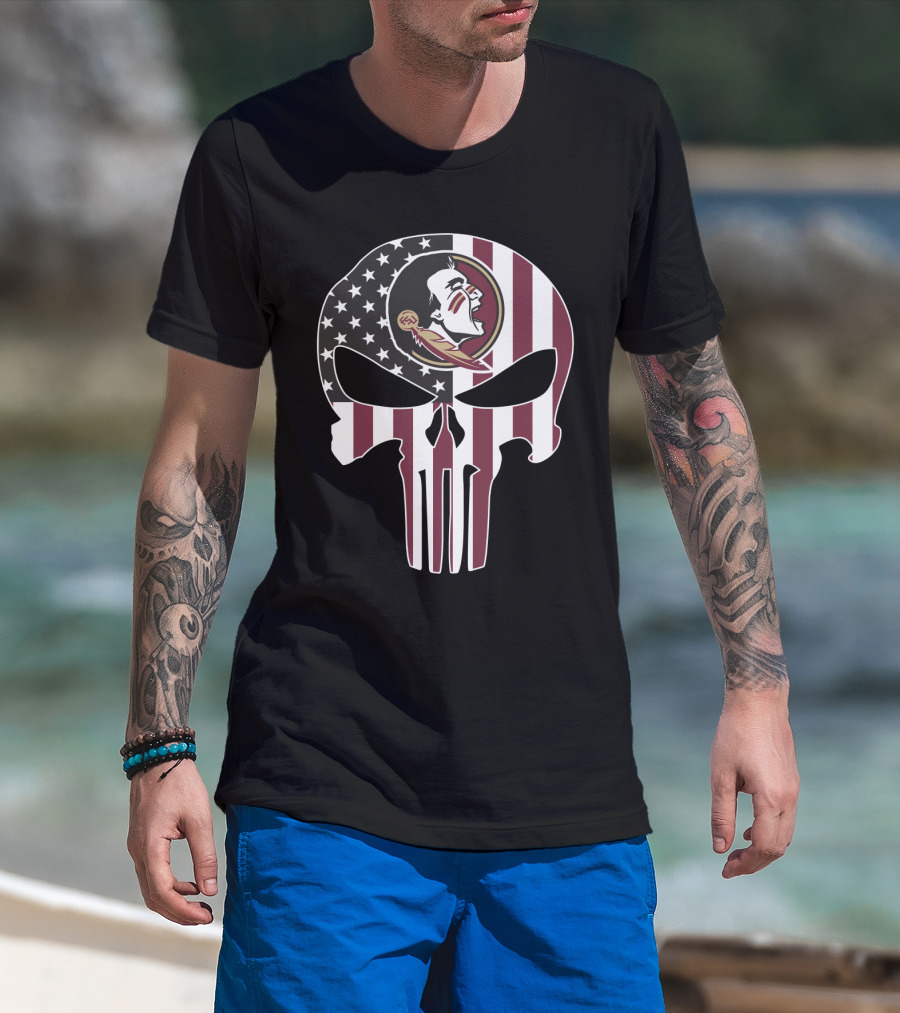 Florida State Seminoles Skull American Flag Logo Fusion T-Shirt