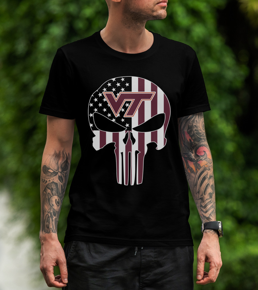 Virginia Tech Hokies Vt American Flag Skull T-Shirt