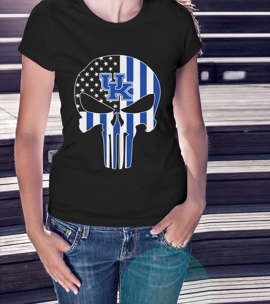 Uk Wildcats Punisher Skull American Flag Blue Stripes T-Shirt