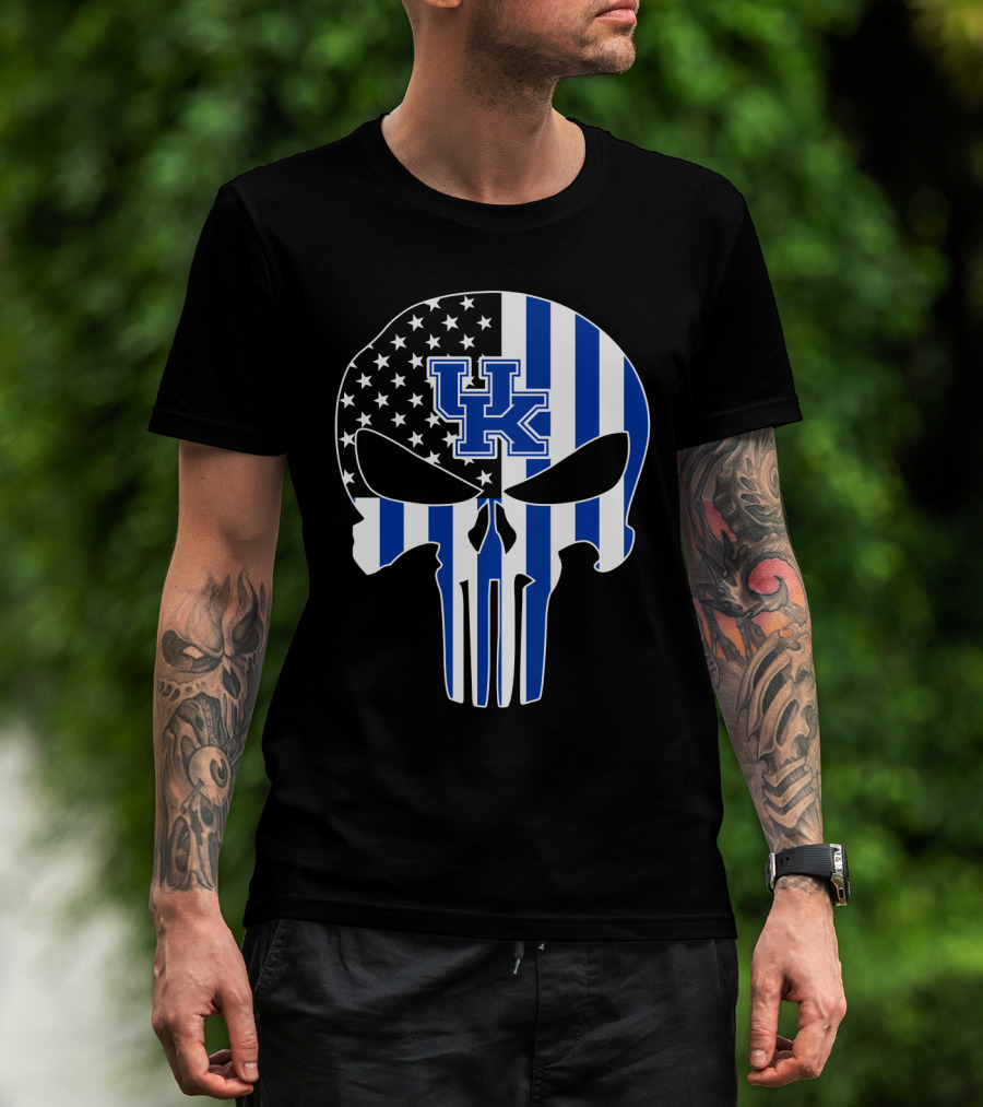 Uk Wildcats Punisher Skull American Flag Blue Stripes T-Shirt