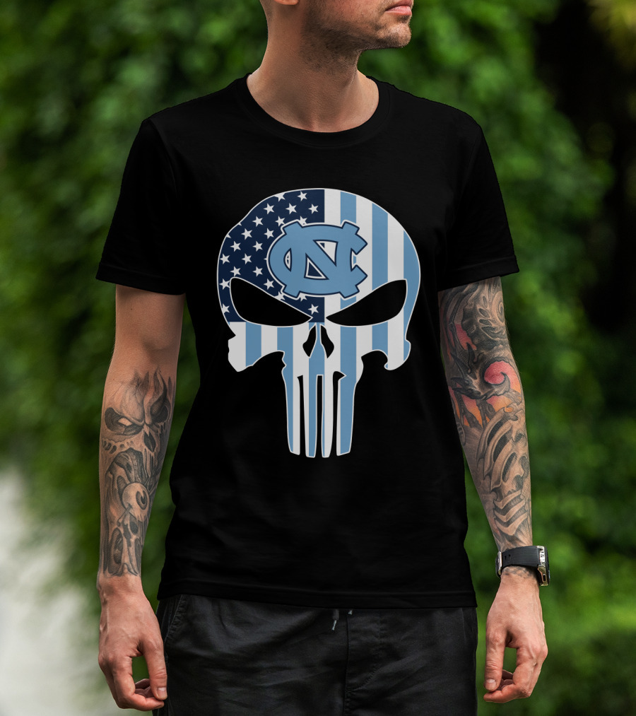 North Carolina Tar Heels Skull American Flag T-Shirt