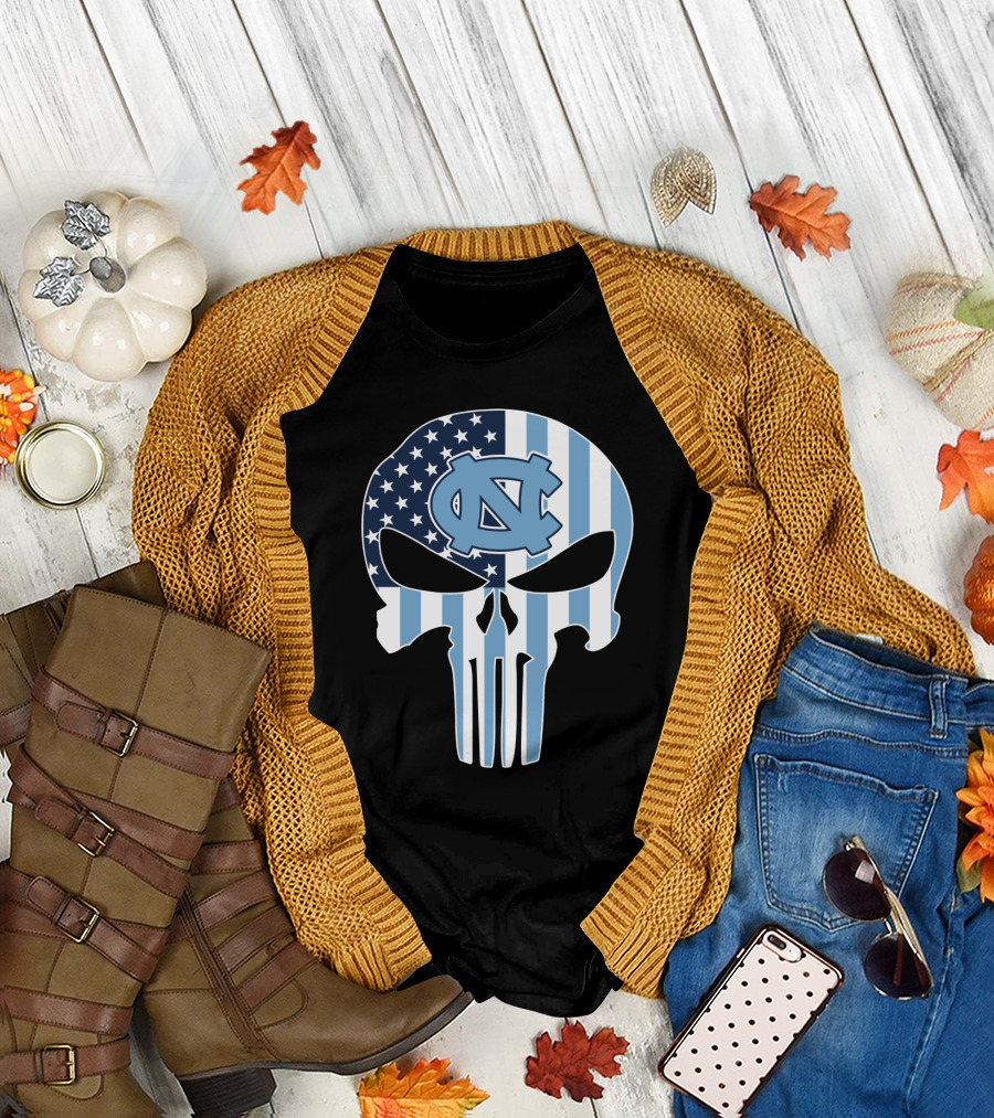 North Carolina Tar Heels Skull American Flag T-Shirt