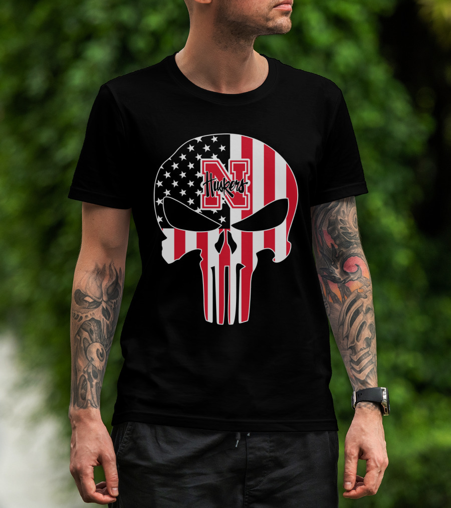 Nebraska Cornhuskers American Flag Skull Punisher T-Shirt