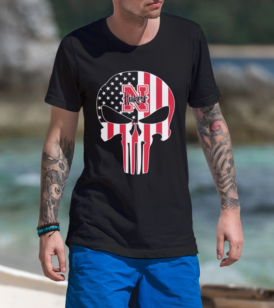Nebraska Cornhuskers American Flag Skull Punisher T-Shirt