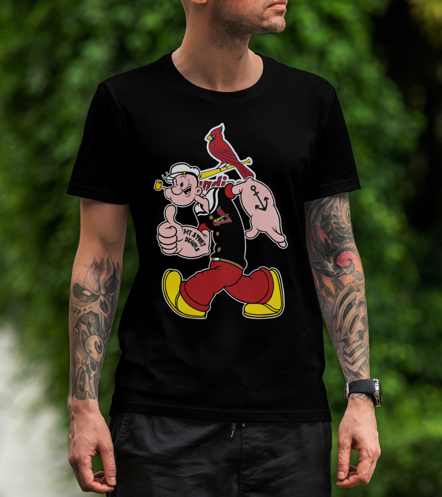 Popeye Thumbs Up With St. Louis Cardinals Logo And Cardinal Bird On Bat T-Shirt