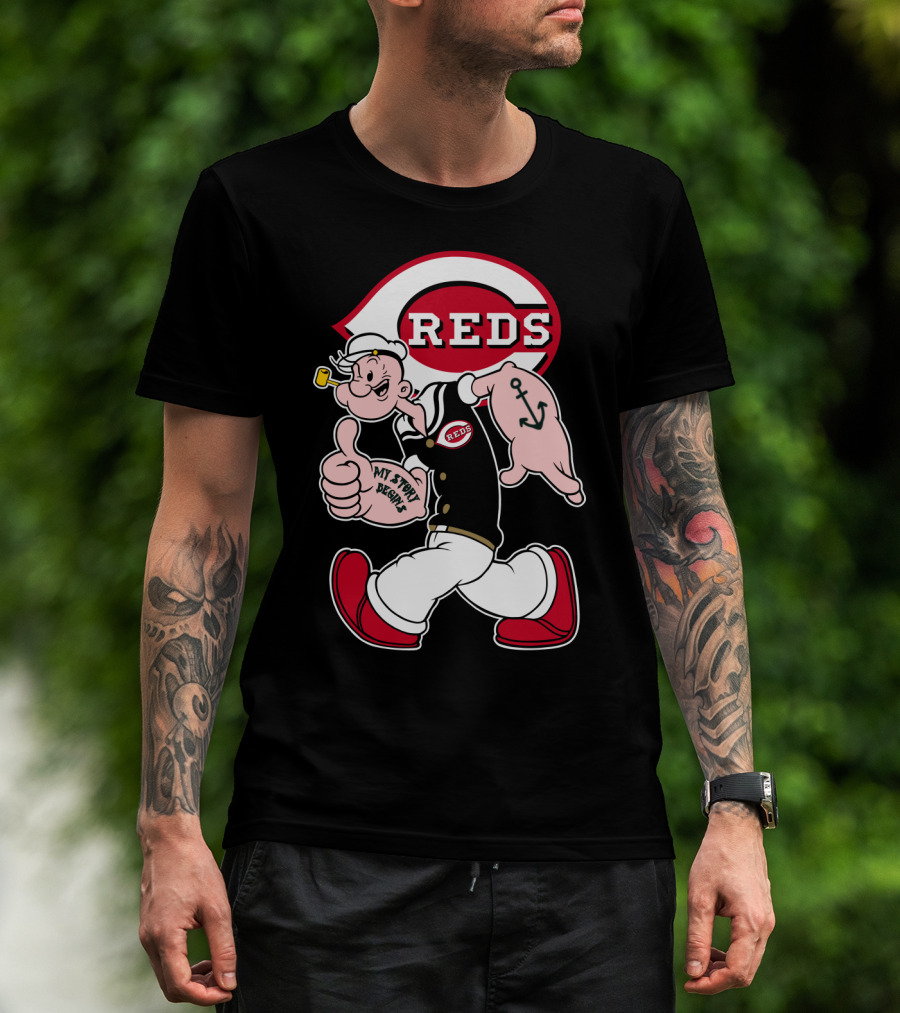 Cincinnati Reds Popeye Cartoon Character Collaboration T-Shirt