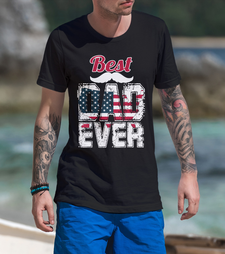 Best Dad Ever American Flag Mustache T-Shirt