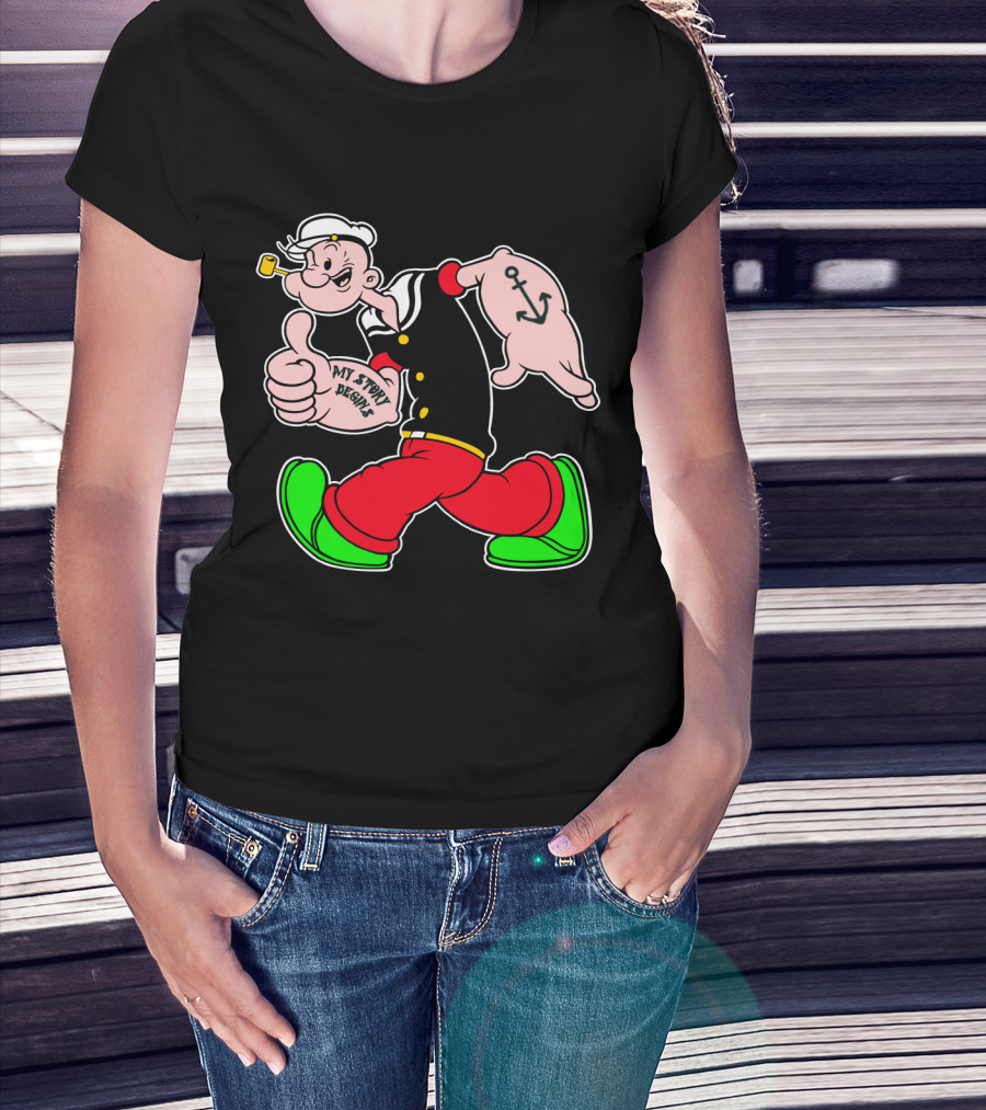 Popeye Thumbs Up With Sailor Style And Anchor Tattoo My Story Begins T-Shirt