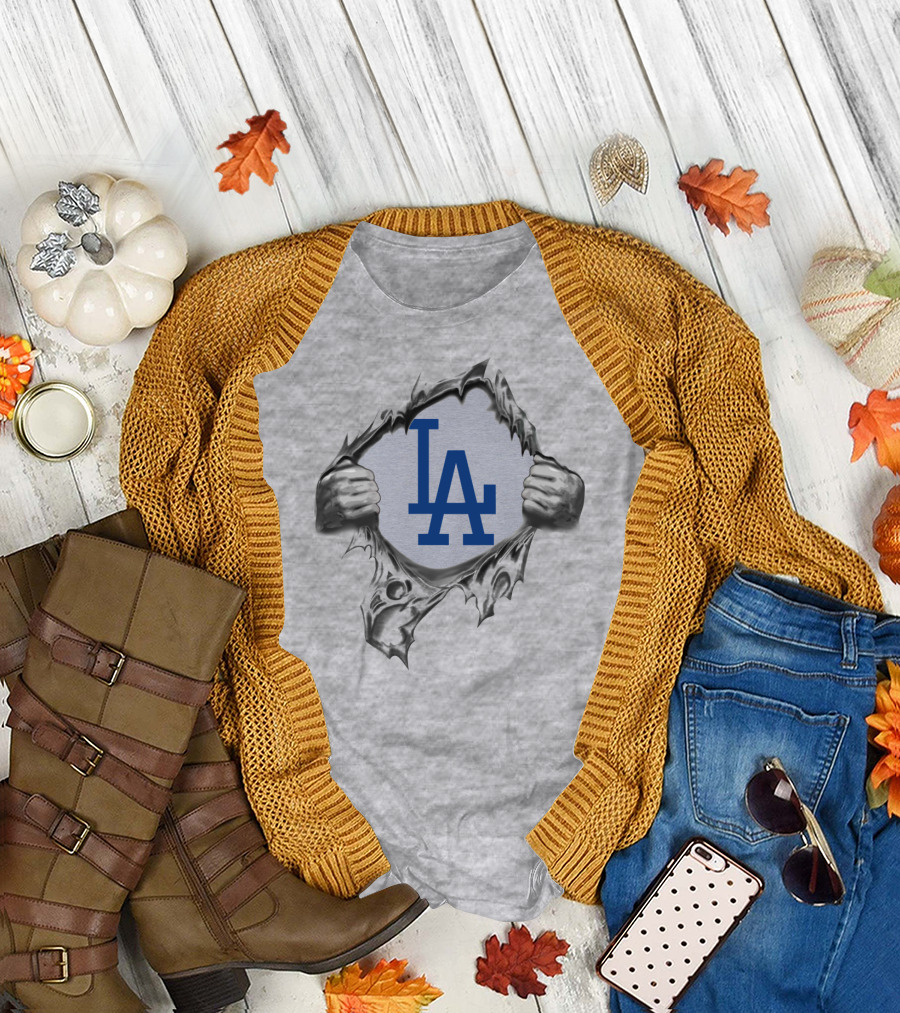 La Dodgers Logo Ripped Through Gray T-Shirt