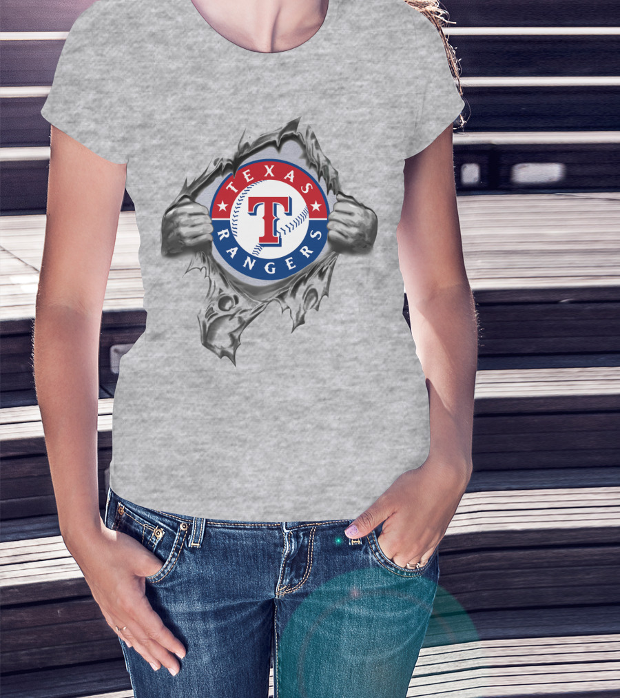 Texas Rangers Baseball Logo With Hands Tearing Through T-Shirt