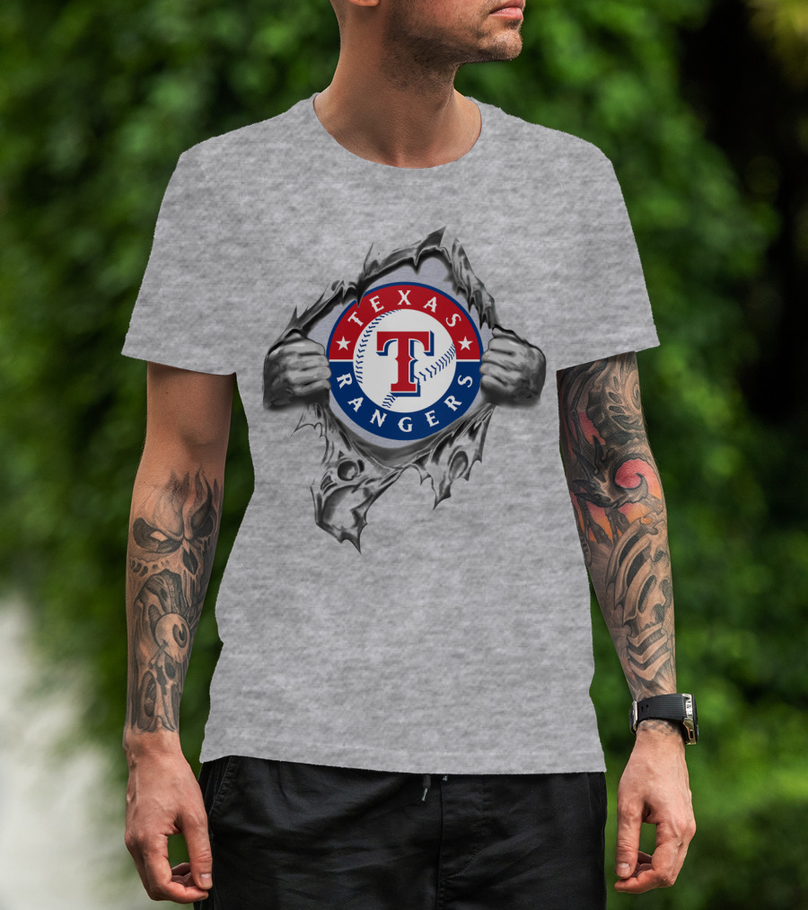 Texas Rangers Baseball Logo With Hands Tearing Through T-Shirt